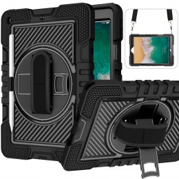 360 Degree Rotation Contrast Color Shockproof Silicone+PC Case Holder&Hand Grip Strap&Shoulder Strap f. iPad 9.7 2018/ 2017/Air/ Air 2/ Pro 9.7