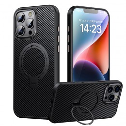 Double Ring MagSafe Holder Carbon Fiber Phone Case f. iPhone 16 Pro (Black)