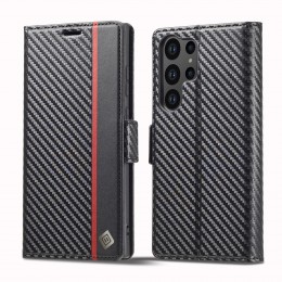 Carbon Fiber Leather Phone Case f. Galaxy S25 Ultra (Vertical Black)