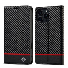 Carbon Fiber Leather Phone Case f. iPhone 16 Pro Max (Horizontal Black)