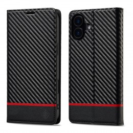 Carbon Fiber Leather Phone Case f. iPhone 16 Plus (Horizontal Black)