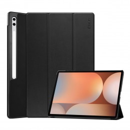 Tri-fold Custer Texture Plastic Leather Smart Tablet Case m. Pen Slot f. Galaxy S10 Ultra/S9 Ultra+ (Black)