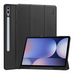 Tri-fold Custer Texture TPU Leather Smart Tablet Case w. Pen Slot f. GalaxyTab S10+ / S9+ / S9 FE+ (Black)