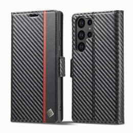 Carbon Fiber PU + TPU Horizontal Flip Leather Phone Case f. Galaxy S23 Ultra 5G (Vertical Black)