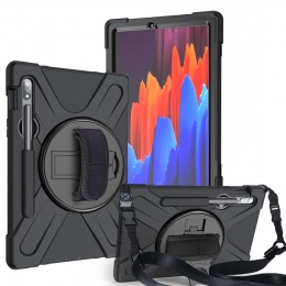 Shockproof Colorful Silicone+PC Protective Case m. Holder & Shoulder Strap/Hand Strap/Pen Slot f. Tab S9/S8/S7 (Black)
